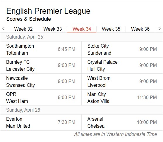 jadwal lengkap liga inggris pekan 34